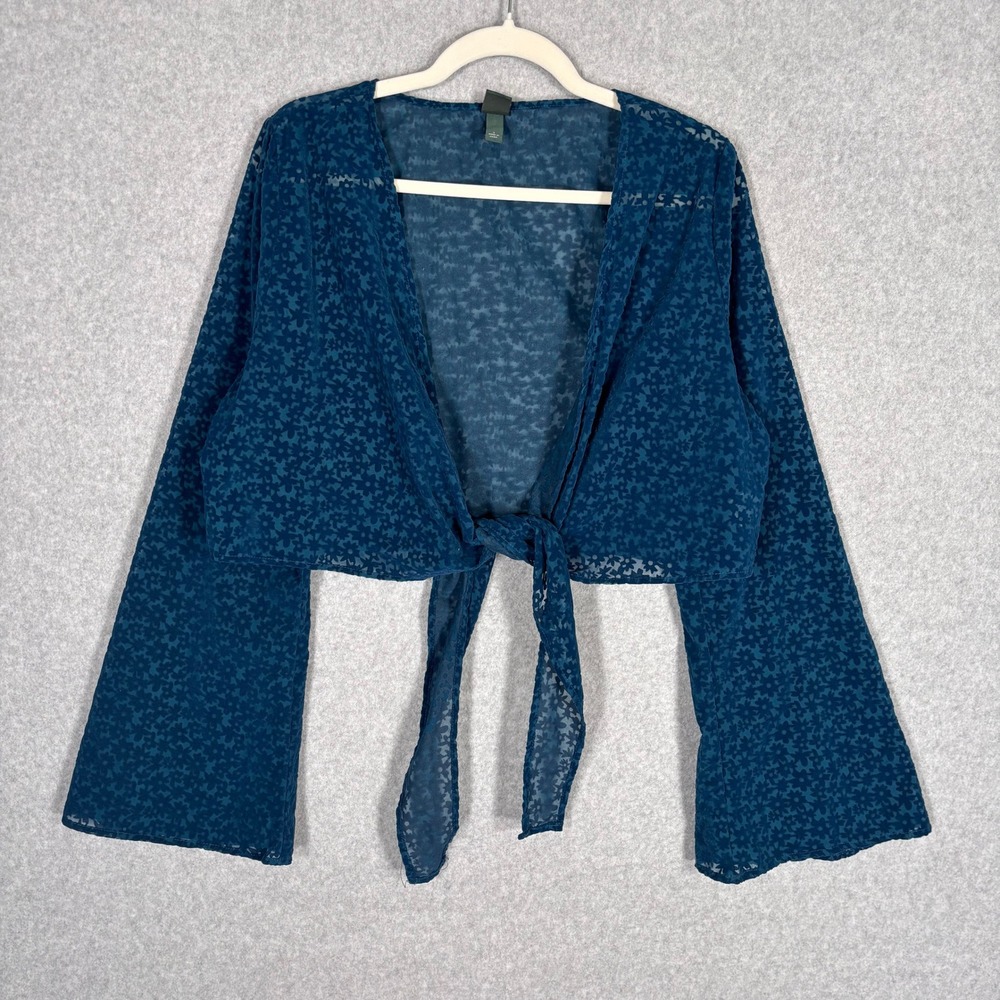 Velvet Burnout Sheer Tie Front Crop Top Large Teal Floral Bell Sleeve Western